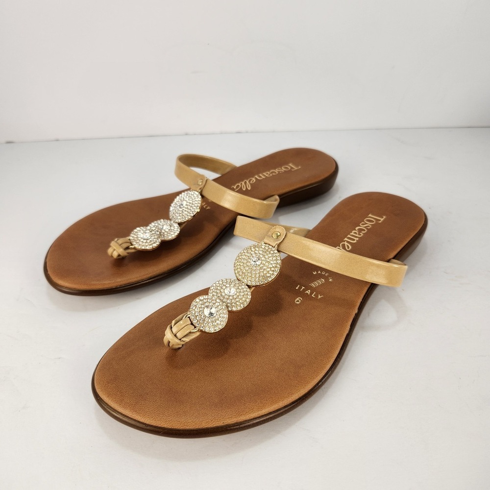 Toscanella Women's Embellished Rhinestone Thong Casual Gold‎ Flat Sandals Size 6